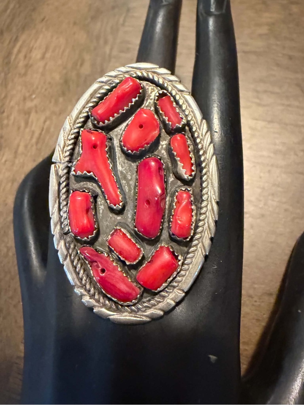 Navajo sterling silver red coral ring adjustable